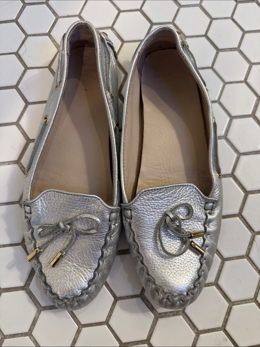 Cole Haan Metallic Silver Driving Moccasin Loafers